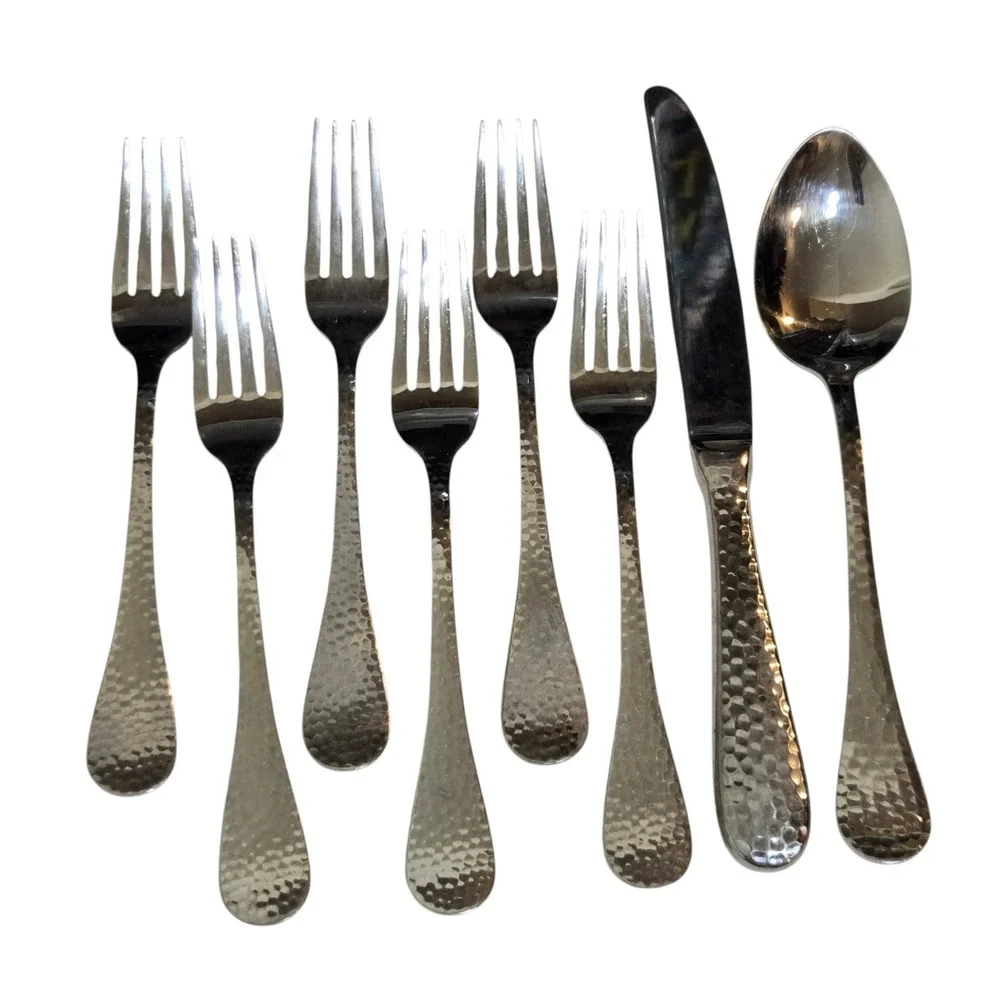 8 Wallace Continental Hammered 18/10 Stainless Steel Flatware Salad Forks Spoon